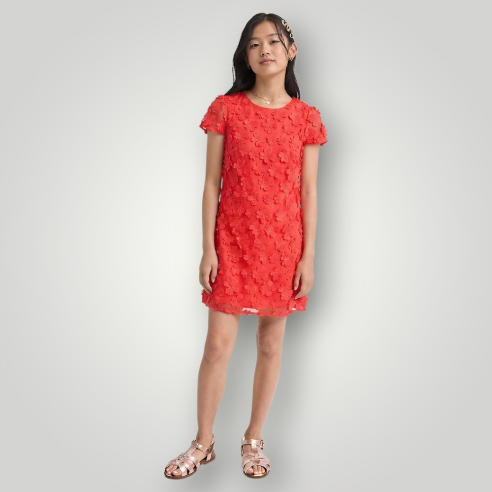 Milly Minis Girls 16 Chloe Dress Neon Pink 3D Floral Lace Appliqué Shift Party